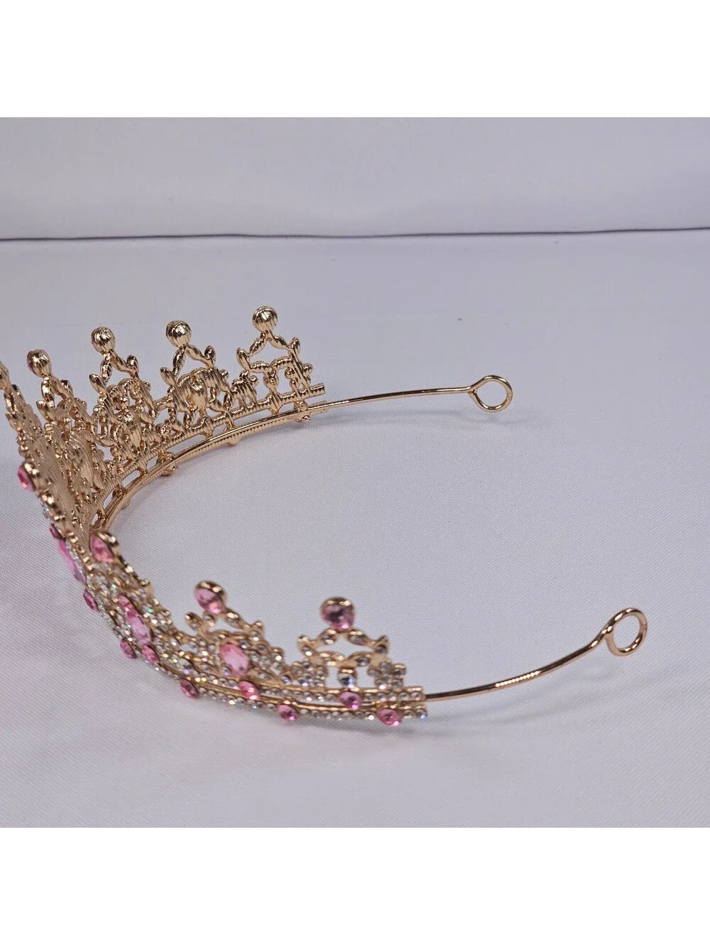 Pink Crystal Gold Tiara Rhinestone Princess Crown Pageant Wedding Headpiece EUC